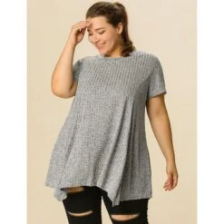 Agnes Orinda Women's Plus Size Ribbed Asymmetrical Hem Summer Casual Peasant Top