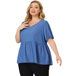 Agnes Orinda Women's Plus Size Blouse Short Sleeve V Neck Chambray Peplum Top -Agnes Orinda GUEST 01d83e99 2569 4bb1 9492 1254e92e9656