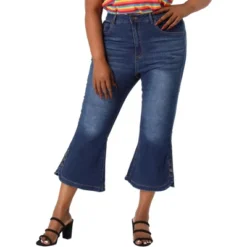 Agnes Orinda Plus Size Jeans For Women Side Slit Bootcut Button Decor Wide Leg Skinny Denim Pants