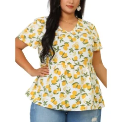 Agnes Orinda Women's Plus Size Blouse Casual V Neck Lemon Floral Peplum Top