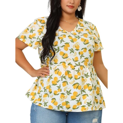 Agnes Orinda Women's Plus Size Blouse Casual V Neck Lemon Floral Peplum Top 3 Agnes Orinda Women's Plus Size Blouse Casual V Neck Lemon Floral Peplum Top