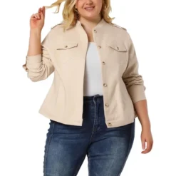 Agnes Orinda Women's Plus Size Jacket Casual Stand Collar Full Placket Patch Pocket Bomber Jacket
