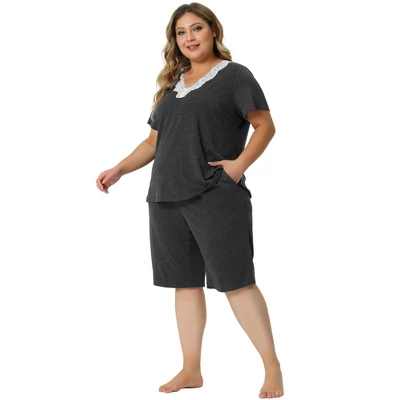 Agnes Orinda Women's Plus Size Short Sleeve V Neck Elastic Waist Pajamas Set 2 Pcs 4 Agnes Orinda Women's Plus Size Short Sleeve V Neck Elastic Waist Pajamas Set 2 Pcs - Image 2