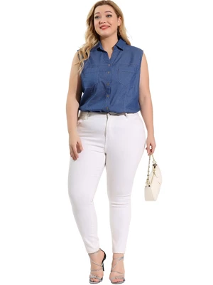 Agnes Orinda Plus Size Summer Tops For Women Sleeveless Button Down Work Shirts Chambray Blouses 2023 4 Agnes Orinda Plus Size Summer Tops For Women Sleeveless Button Down Work Shirts Chambray Blouses 2023 - Image 2