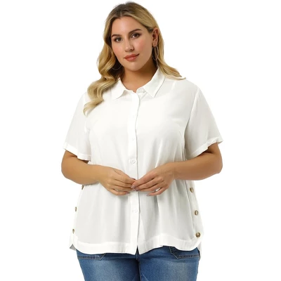 Agnes Orinda Women's Plus Size Sheer Button Front Side Slit Roll Up Sleeve Shirt 5 Agnes Orinda Women's Plus Size Sheer Button Front Side Slit Roll Up Sleeve Shirt - Image 3