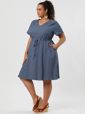 Agnes Orinda Women's Plus Size Tie Waist Short Sleeve Chambray Shirtdress 5 Agnes Orinda Women's Plus Size Tie Waist Short Sleeve Chambray Shirtdress - Image 3