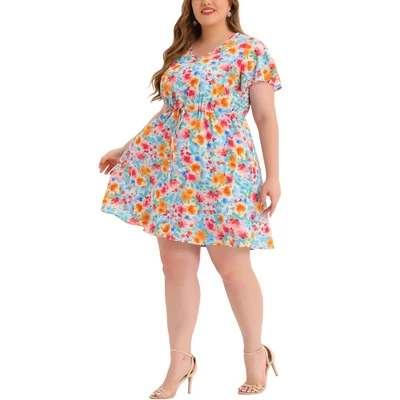 Agnes Orinda Women's Plus Dresses Floral Drawstring Waist V Neck Dress 9 Agnes Orinda Women's Plus Dresses Floral Drawstring Waist V Neck Dress - Image 7