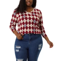 Agnes Orinda Women's Plus Size V Neck Argyle Long Sleeve Stretch Knit Pullover Top