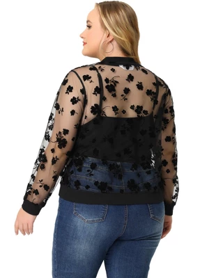 Agnes Orinda Women's Plus Size Bomber Mesh Sheer Floral Lace Long Sleeve Jackets 5 Agnes Orinda Women's Plus Size Bomber Mesh Sheer Floral Lace Long Sleeve Jackets - Image 3