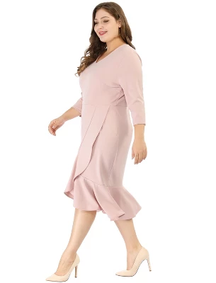 Agnes Orinda Women's Plus Size Cocktail V-neck Wrap Ruffled Midi Bodycon Dresses 4 Agnes Orinda Women's Plus Size Cocktail V-neck Wrap Ruffled Midi Bodycon Dresses - Image 2