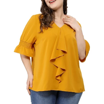 Agnes Orinda Women' S Plus Size V Neck Ruffle Smocked Sleeve Blouses 3 Agnes Orinda Women' S Plus Size V Neck Ruffle Smocked Sleeve Blouses