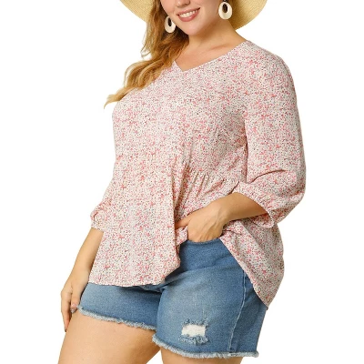 Agnes Orinda Women's Plus Size Babydoll 3/4 Sleeve Floral Flowy Blouse 8 Agnes Orinda Women's Plus Size Babydoll 3/4 Sleeve Floral Flowy Blouse - Image 6