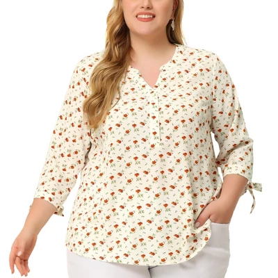 Agnes Orinda Women's Plus Size Shirt Floral Botton Up Tie 3/4 Sleeve Tunic V Neck Blouse 8 Agnes Orinda Women's Plus Size Shirt Floral Botton Up Tie 3/4 Sleeve Tunic V Neck Blouse - Image 6