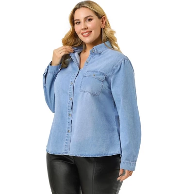 Agnes Orinda Women's Plus Size Denim Long Sleeve Chest Pocket Work Shirt 10 Agnes Orinda Women's Plus Size Denim Long Sleeve Chest Pocket Work Shirt - Image 8
