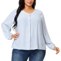 Agnes Orinda Plus Size Top For Women Long Sleeve V Neck Full Placket Casual Shirts Tops Valentine Day