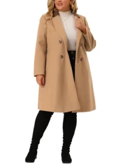 Agnes Orinda Women's Plus Size Fashion Notched Lapel Double Breasted Pea Coat