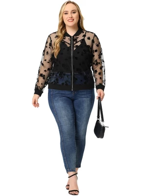 Agnes Orinda Women's Plus Size Bomber Mesh Sheer Floral Lace Long Sleeve Jackets 4 Agnes Orinda Women's Plus Size Bomber Mesh Sheer Floral Lace Long Sleeve Jackets - Image 2