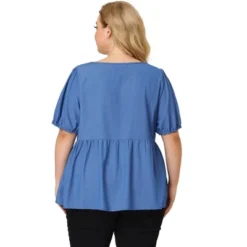 Agnes Orinda Women's Plus Size Blouse Short Sleeve V Neck Chambray Peplum Top -Agnes Orinda GUEST 13247201 9b0e 4267 8bc8 c53f4f72e7e0