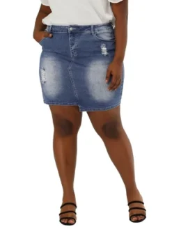 Agnes Orinda Women's Plus Size Ripped Slash Pocket Frayed Hem Denim Bodycon Skirt