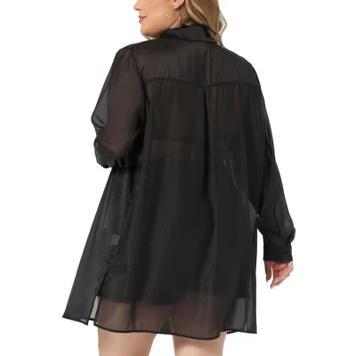 Agnes Orinda Women's Plus Size Long Sleeve Button Down Black Sheer Shirts Jacket 5 Agnes Orinda Women's Plus Size Long Sleeve Button Down Black Sheer Shirts Jacket - Image 3