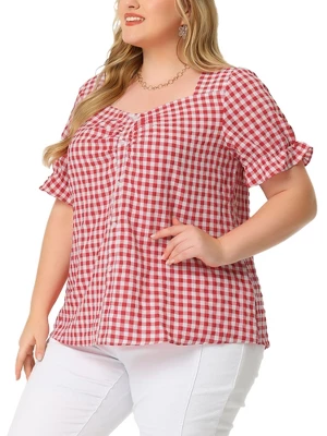Agnes Orinda Women's Plus Size Gingham 1950s Sweetheart Neck Plaid Blouse 3 Agnes Orinda Women's Plus Size Gingham 1950s Sweetheart Neck Plaid Blouse