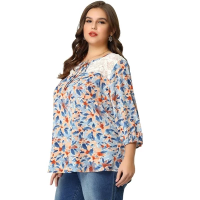 Agnes Orinda Women's Plus Size Floral Printed Lace Panel Self Tie Neck 3/4 Sleeves Summer Tops 5 Agnes Orinda Women's Plus Size Floral Printed Lace Panel Self Tie Neck 3/4 Sleeves Summer Tops - Image 3