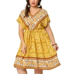 Agnes Orinda Women's Plus Boho Floral Pattern V Neck Drop Shoulder Drawstring Waist Dresses -Agnes Orinda GUEST 17e1c3c2 bdec 42a9 93bd 3d563e46187c