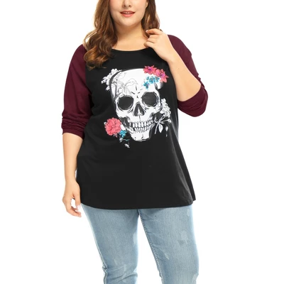 Agnes Orinda Women's Plus Size Floral Skull Contrast Color Raglan T-shirt 4 Agnes Orinda Women's Plus Size Floral Skull Contrast Color Raglan T-shirt - Image 2