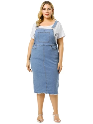 Agnes Orinda Women's Plus Size Bodycon Back Vent Raw Hem Denim Midi Overall Dresses 4 Agnes Orinda Women's Plus Size Bodycon Back Vent Raw Hem Denim Midi Overall Dresses - Image 2