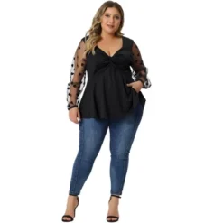 Agnes Orinda Women's Plus Size Heart Sheer Long Sleeve Mesh V Neck Peplum Blouse -Agnes Orinda GUEST 1a2e7fb1 c23a 4bee b03a adce93a59434