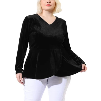 Agnes Orinda Women's Plus Size V Neck Tulip Hem Long Sleeve Peplum Velvet Tops 10 Agnes Orinda Women's Plus Size V Neck Tulip Hem Long Sleeve Peplum Velvet Tops - Image 8