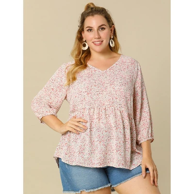 Agnes Orinda Women's Plus Size Babydoll 3/4 Sleeve Floral Flowy Blouse 5 Agnes Orinda Women's Plus Size Babydoll 3/4 Sleeve Floral Flowy Blouse - Image 3