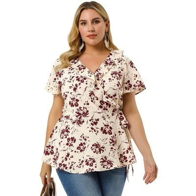 Agnes Orinda Women's Plus Size Ruffle Neck Floral Wrap Tie Waist Blouse 5 Agnes Orinda Women's Plus Size Ruffle Neck Floral Wrap Tie Waist Blouse - Image 3