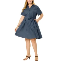Agnes Orinda Women's Plus Size Buttons Belted Short Sleeves Chambray Shirtdress -Agnes Orinda GUEST 1c7c2621 9527 4baf 862d 78b6c58cb4f0