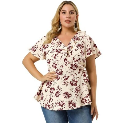 Agnes Orinda Women's Plus Size Ruffle Neck Floral Wrap Tie Waist Blouse 4 Agnes Orinda Women's Plus Size Ruffle Neck Floral Wrap Tie Waist Blouse - Image 2