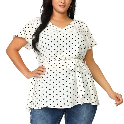 Agnes Orinda Women's Plus Size V Neck Tie Waist Polka Dots Blouse 3 Agnes Orinda Women's Plus Size V Neck Tie Waist Polka Dots Blouse
