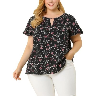 Agnes Orinda Women's Plus Size Keyhole Floral Chiffon Flared Sleeve Summer Trendy Peasant Tops 11 Agnes Orinda Women's Plus Size Keyhole Floral Chiffon Flared Sleeve Summer Trendy Peasant Tops - Image 9
