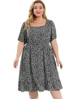 Agnes Orinda Women's Plus Size Ruffle Hem Smocked Waist Floral MIdi Shirt Dress -Agnes Orinda GUEST 1d5b9cf0 a898 45be 8076 b58dcc5d55bd