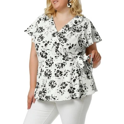 Agnes Orinda Women's Plus Size Ruffle Neck Floral Wrap Tie Waist Blouse 11 Agnes Orinda Women's Plus Size Ruffle Neck Floral Wrap Tie Waist Blouse - Image 9