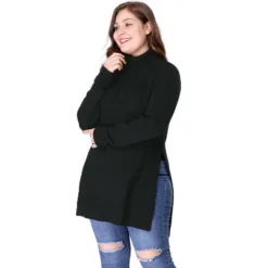 Agnes Orinda Women's Plus Turtleneck Side Slit Long Sleeve Sweater