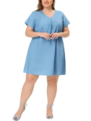 Agnes Orinda Women's Plus Size Solid Pleat V Neck Chambray Dress 10 Agnes Orinda Women's Plus Size Solid Pleat V Neck Chambray Dress - Image 8