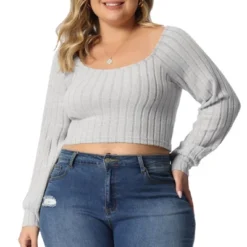 Agnes Orinda Women's Plus Size Ribbed Knit Soft Warm Outfits Long Sleeve Crop Tops