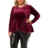 Agnes Orinda Women's Plus Size V Neck Tulip Hem Long Sleeve Peplum Velvet Tops