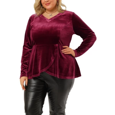 Agnes Orinda Women's Plus Size V Neck Tulip Hem Long Sleeve Peplum Velvet Tops 3 Agnes Orinda Women's Plus Size V Neck Tulip Hem Long Sleeve Peplum Velvet Tops