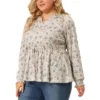 Agnes Orinda Women's Plus Size Floral Ruffle Neck Drawstring Waist Long Sleeve Peplum Tops