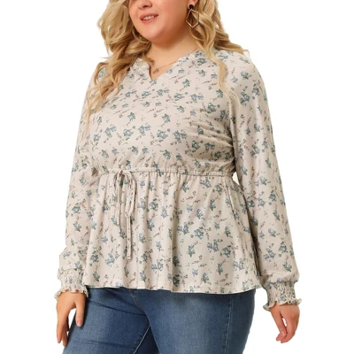 Agnes Orinda Women's Plus Size Floral Ruffle Neck Drawstring Waist Long Sleeve Peplum Tops 3 Agnes Orinda Women's Plus Size Floral Ruffle Neck Drawstring Waist Long Sleeve Peplum Tops