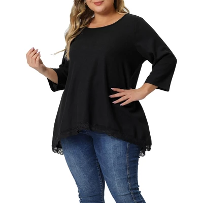 Agnes Orinda Women's Plus Size Waffle 3/4 Sleeve Lace Panel High Low Hem Round Neck Blouse 3 Agnes Orinda Women's Plus Size Waffle 3/4 Sleeve Lace Panel High Low Hem Round Neck Blouse