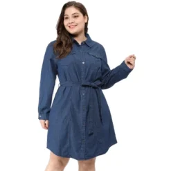 Agnes Orinda Women's Plus Size Long Sleeves Belted Above Knee Denim T-Shirt Dresses