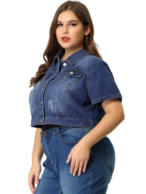 Agnes Orinda Women Plus Size Denim Jacket Crop Fray Roll Short Sleeves Jean Jackets 5 Agnes Orinda Women Plus Size Denim Jacket Crop Fray Roll Short Sleeves Jean Jackets - Image 3