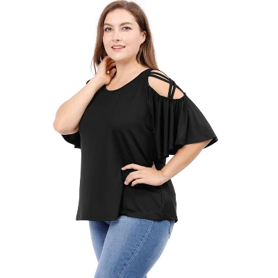 Agnes Orinda Women's Plus Size Summer Fashion Cold Shoulder Ruffle Trumpet Sleeve Blouses 4 Agnes Orinda Women's Plus Size Summer Fashion Cold Shoulder Ruffle Trumpet Sleeve Blouses - Image 2
